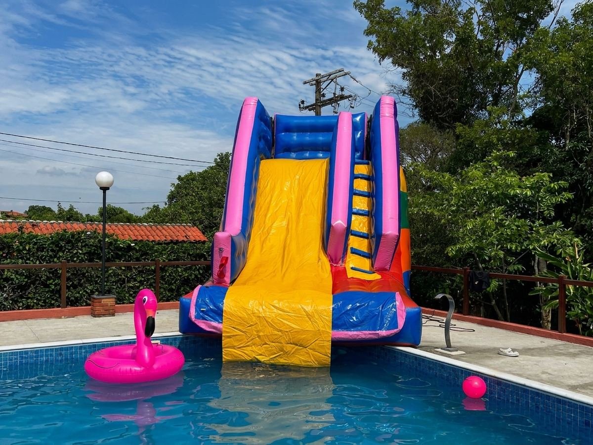 Tobogã inflável da Happy Toy montado na borda de uma piscina em festa na região de Sorocaba